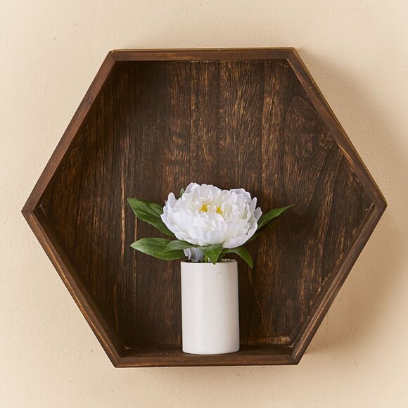 Farmhouse Hexagon Wood Solid Back Floating Shelf Wall Decor 16 Inches - Picture 1 of 3